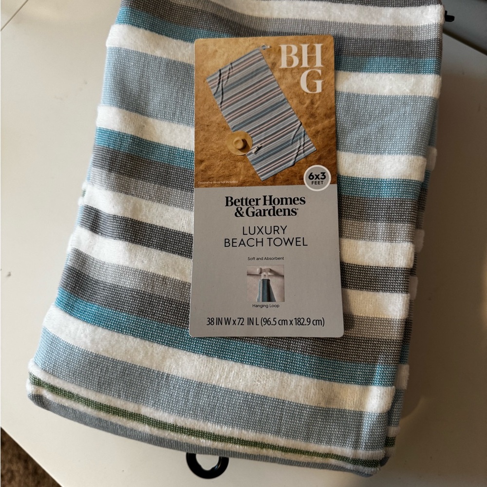 Better Homes & Gardens Luxury Beach Towel - Striped Blue, White, Gray - 2 NWT